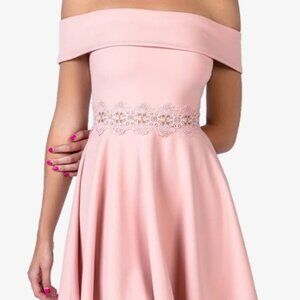 B Darlin Fit & Flare Jrs Pink, Lace Peek-a-Boo Waist Off Shoulder Short Formal